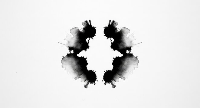 A symmetrical black ink blot on a clean white paper background creates an abstract and complex shape for psychological analysis and art, white, organic, splatter