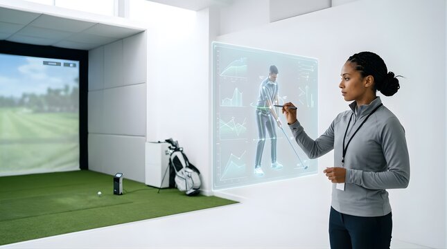 Female sports scientist analyzing golf swing mechanics using digital data