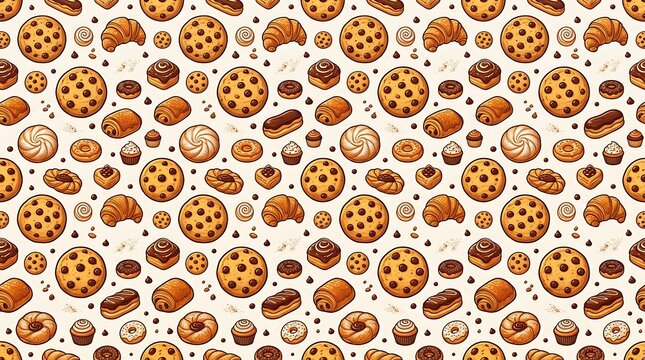 Seamless pattern with illustrated cookies and sweet bakery pastries