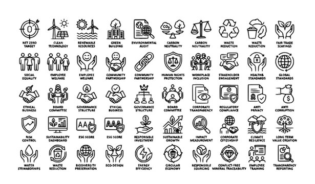 ESG Sustainability Corporate Governance and Social Responsibility Monoline Icons Pack Editable Stroke Vector Set