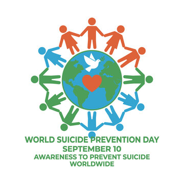 world suicide prevention day people holding hands around earth with heart and dove vector poster illustration