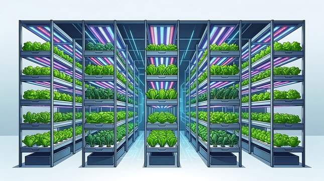 Vertical farming system with green plants growing under led lights