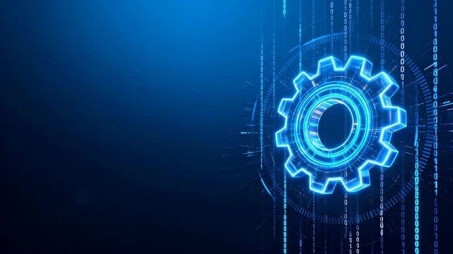 Digital glowing gear representing automation and cyber data technology in blue binary space