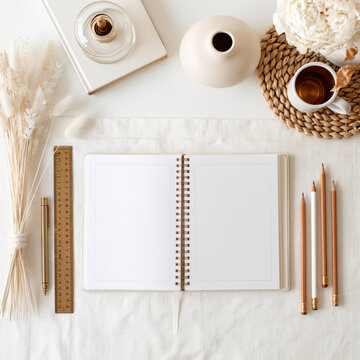 Planner notebook stationery pencil ruler pen desk mockup template beige open spiral planner with blank page white linen desk styled with pencil ruler pen vase flower cup tea pampas grass calm