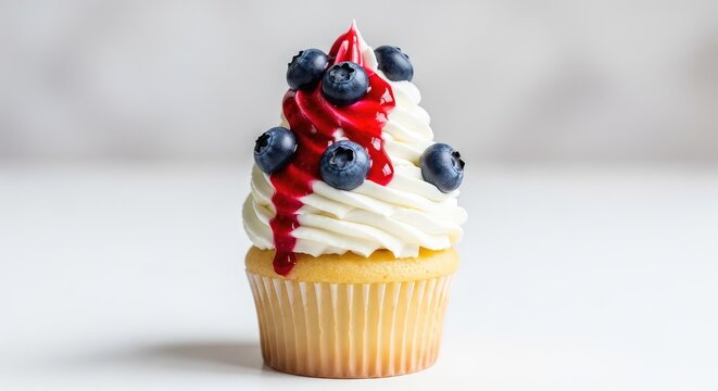Homemade vanilla cupcake topped with a tall swirl of light whipped cream, drizzled with sweet berry compote and decorated with blueberries, sauce, closeup, frosting