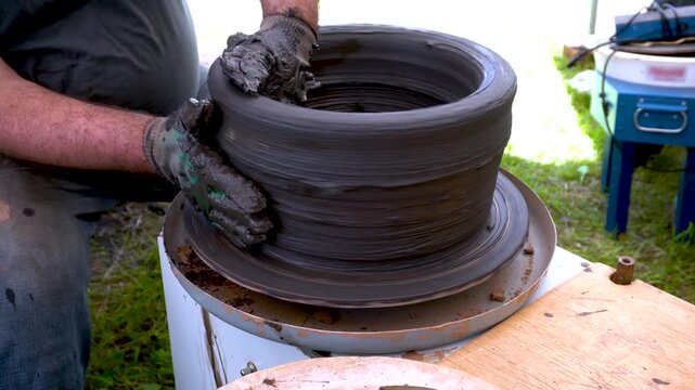 A potter shapes a clay piece on a pottery wheel. Hands mold wet clay to create a ceramic object.