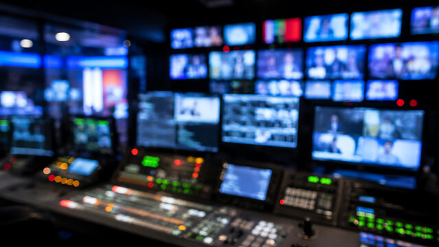 A close-up view of a modern broadcast control room filled with monitors and equipment, highlighting the technology behind media production.
