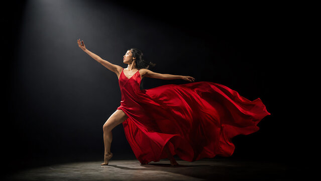 A dancer in a flowing red dress expresses passion and grace under a spotlight, embodying movement and elegance in performance art.