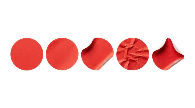 Red circular stickers being crumpled and deformed isolated on transparent background