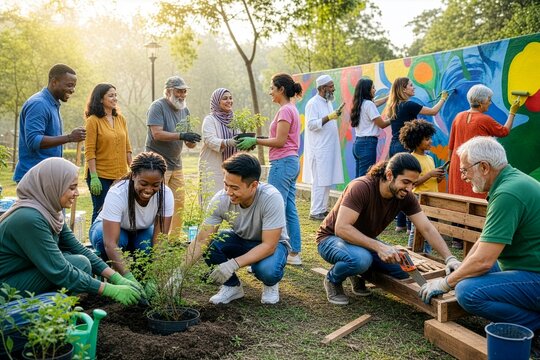 People of different ethnicities and religions working together, unity in diversity, generative AI