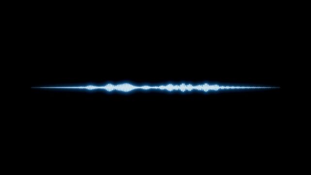 Dynamic audio waveform with light blue glow on a black background, showing rapid, frantic fluctuations. Represents sound analysis, music visualization, or voice recognition for technology and data.
