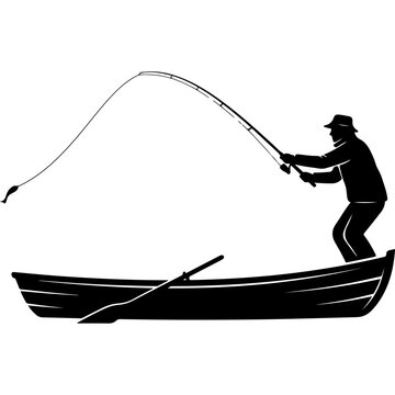 Vintage fisherman silhouette casting rod from rowboat, black and white fishing vector illustration, man angling in small boat with oar