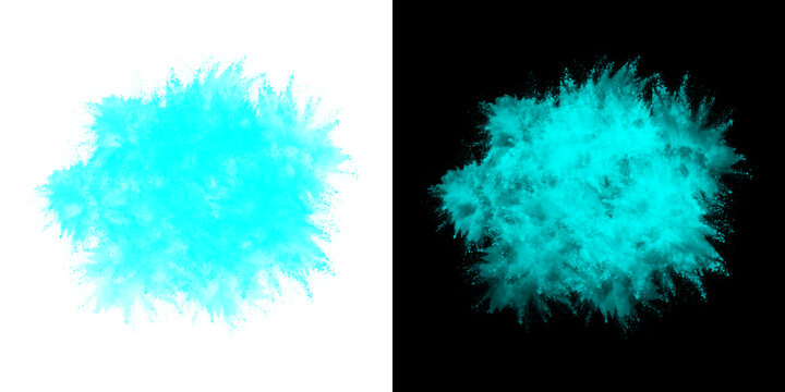 Cyan powder explosion isolated on white and black background for design overlay