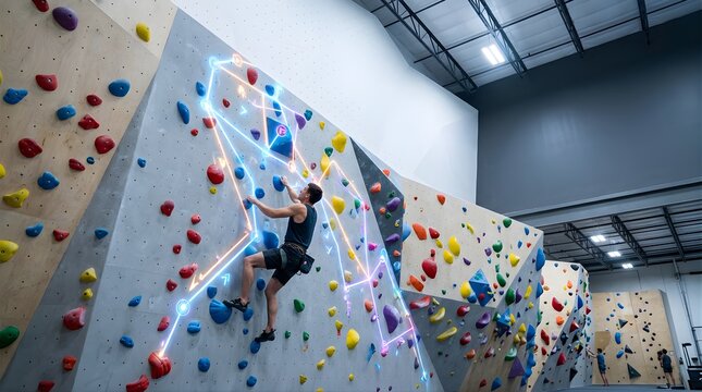 Man climbing a bouldering wall in an indoor gym with interactive lights