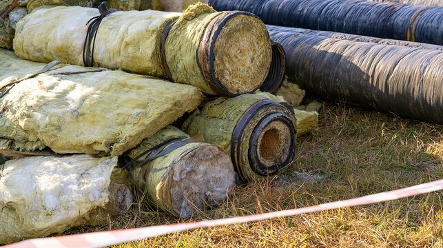 Discarded mineral wool insulation on grass beside large industrial pipes, cordoned with safety tape during heating system maintenance, showing construction waste, industrial repair workplace safety