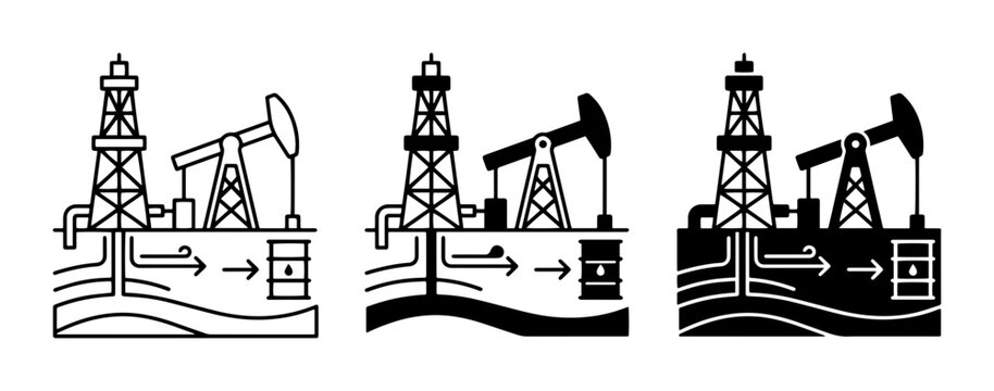 Oil Extraction Icons: Drilling Rig, Pumpjack, Barrel, Process Flow