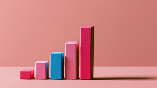 Colorful vertical bar chart with red and blue blocks increasing in height on solid pink background representing growth and progress in minimal style
