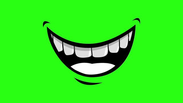 Cartoon style wide smiling mouth with white teeth on green background