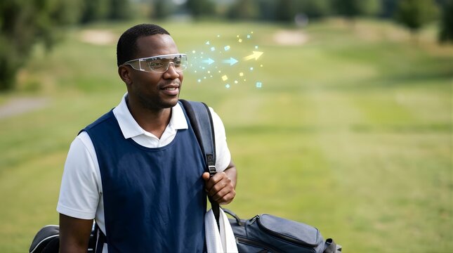 Professional caddie wearing safety goggles on a golf course with digital data