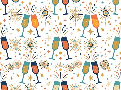 Minimalist Geometric Fireworks and Champagne Seamless Vector Pattern