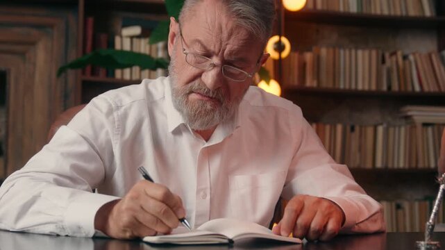 Serious worried puzzled Caucasian old retired business man writing notes work plan working thinking in agency at table senior aged businessman male worker write job corporate idea handwrite at office