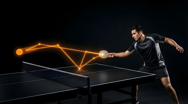 Professional table tennis player hitting a glowing orange ball on court