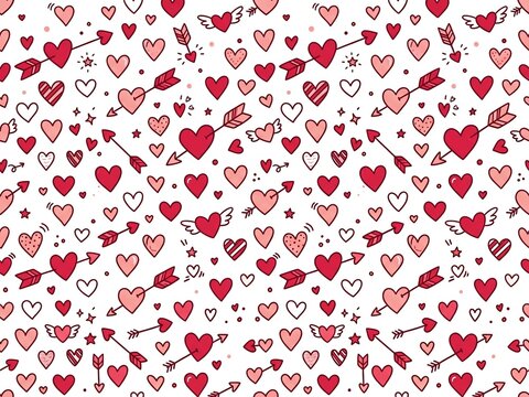 Valentine Hearts and Cupid Arrows Romantic Seamless Pattern Doodle