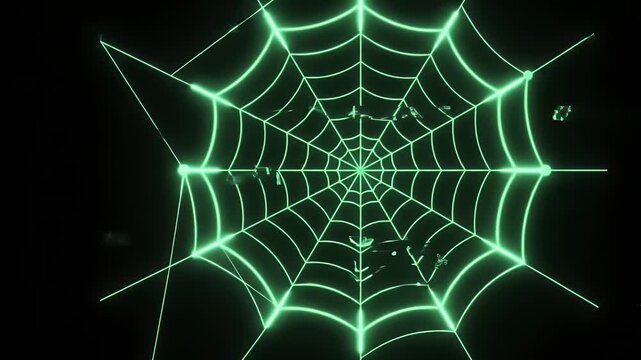 Sinister Green Glowing 4K Seamless Loop of a Neon Spider Web with Digital Glitch Effects Pulsing on a Dark Spooky Background