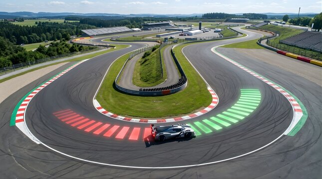 Racing car driving through a professional circuit with virtual markers