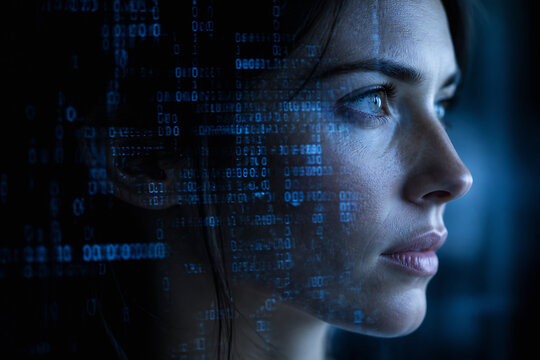 A woman's profile is overlaid with digital binary code against a dark background.