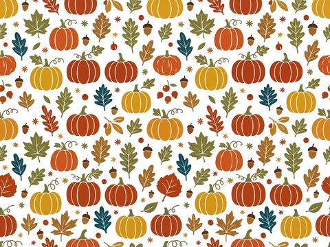 Folk Art Autumn Pumpkin and Leaves Seamless Pattern