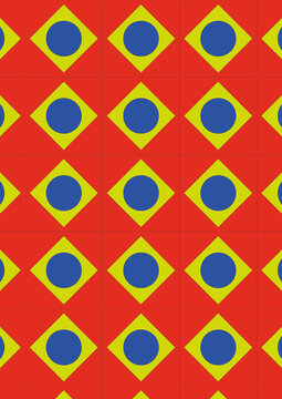 Vibrant Geometric Mosaic Pattern with Blue Diamonds Yellow Squares and Red Background