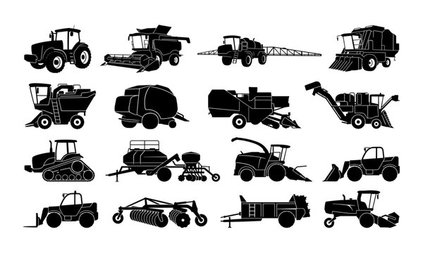 Collection of agricultural machinery silhouettes including tractors, harvesters, sprayers, balers, and seeding equipment