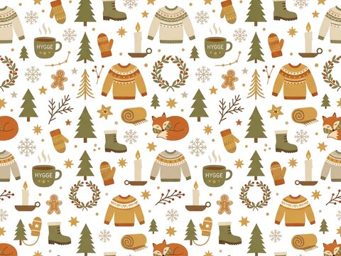 Cozy Christmas Hygge Winter Elements Seamless Pattern Scandinavian Style