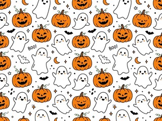 Fototapeta premium Halloween Ghost and Pumpkin Seamless Pattern Doodle Vector