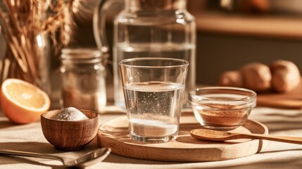 Fototapeta premium Clear glass of sparkling water on round wooden tray with natural light, salt, orange, dried flowers, rustic background for healthy lifestyle and refreshment concept
