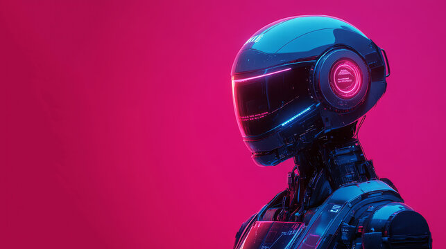 A side-profile futuristic cyberpunk robot with a glossy dark helmet, glowing neon visor and exposed mechanical neck structure stands against a solid vibrant magenta plain background, full of sci-fi te