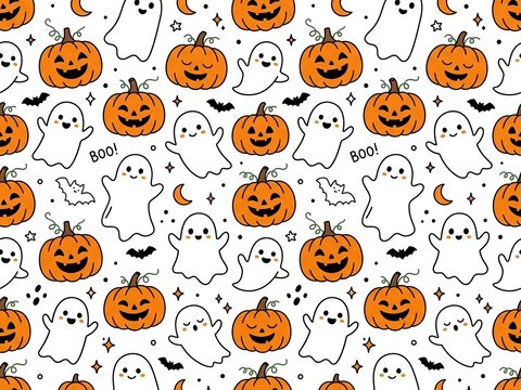 Halloween Ghost and Pumpkin Seamless Pattern Doodle Vector
