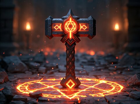 Ancient glowing battle hammer resting inside a mystical magic ritual circle sign
