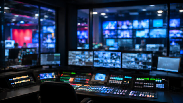 Modern broadcast control room with advanced equipment and screens displaying various programs, a hub of live media production.