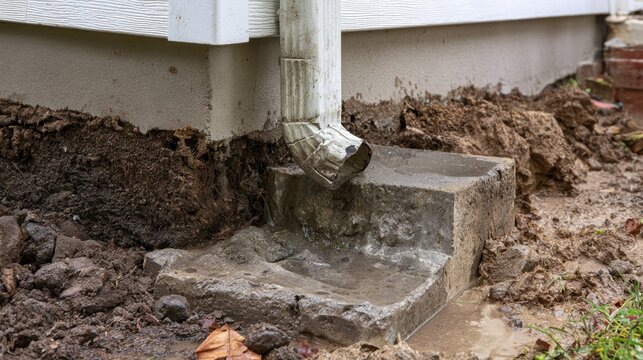 Close-up of a damaged metal downspout connected to a house gutter system with cracked concrete step and wet soil surrounding foundation after rain
