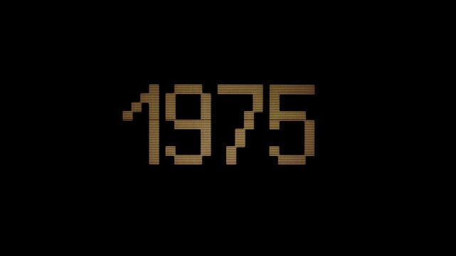 Capture: amber numbers 1975 appear on a dark screen, simulating an old CRT monitor display. Pixelated text with a blinking cursor creates a vintage computing aesthetic for retro technology concepts.

