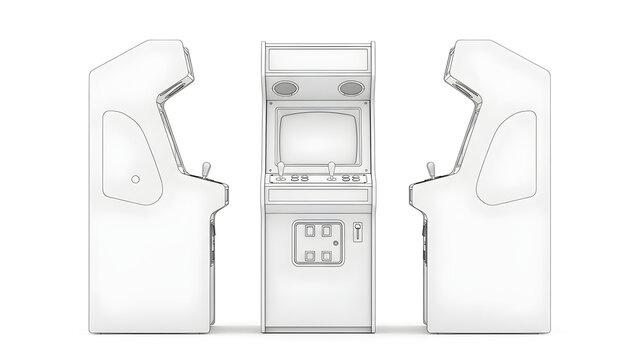 Three White Arcade Gaming Cabinets Displayed in Front and Side Perspectives for Retro Entertainment Center Design and Videogame Room Concept