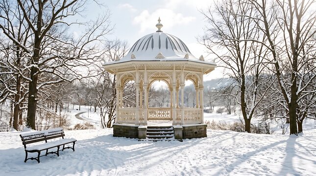 Snow covered gazebo in winter park with bare trees and sunlight