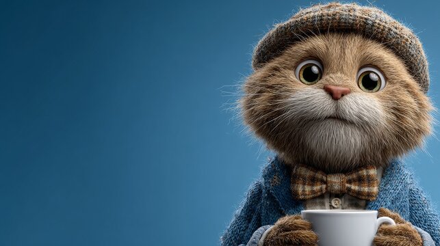 This is a 3D rendered image of an anthropomorphic orange kitten wearing a knitted hat, a plaid bow tie, and a blue coat, holding a white cup in its hands against a pure dark blue background. 