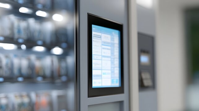 Modern touch screen vending hine with illuminated product selection interface and glass fronted storage compartment