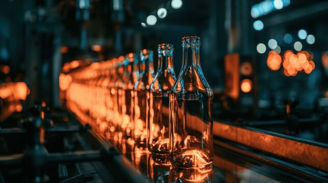 Transparent glass bottle on assembly line in factory illuminated with orange light, manufacturing process in industrial production setting