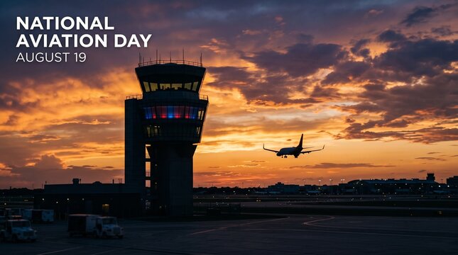 National Aviation Day August 19 poster, airport control tower silhouette at sunset, airplane taking off against orange sky