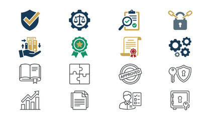 Fototapeta premium Business Compliance and Approval Icon Set with Security, Certification, Legal Documents, Verification, Risk Management, Contracts, and Professional Standards