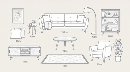 Fototapeta premium Living room furniture set sketch with sofa, armchair, coffee table and home decor items